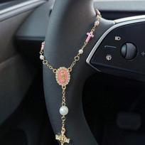 1pc Pink Pearl Cross Steering Wheel Rosary Ornament, Rosary Car Pendant Accessory, Unique Fashion Car Decor Accessory Pearl Cross