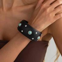 IngeSight.Z 2026 Irregular Hyperbole Wooden Cuff Bangles Women Creative Round Geometric Wide Inlaid Turquoise Bracelets Jewelry black