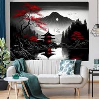 Japanese Pagoda Fuji Mountain Tapestry, Cherry Blossom Ukiyo-e Zen Wall Hanging for Bedroom Living Room Aesthetic Home Decor 100X70CM