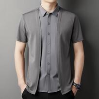 Men Fake Two Piece Thin Short Sleeve Turn Down Collar Open Front Casual T Shirt M pilka