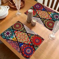 2/4pcs Bohemian Mandala Placemats 12x18 Inch Rectangular Polyester Table Mats with Mexican Traditional Geometric Patterns, Machine Washable for Indoor 2PCS brown