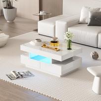 Coffee Table, High-Gloss Surface, with LED Light Strip, Four Drawers Front and Back, Large Storage Space