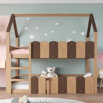 Children's Bunk Bed 90*200 cm, House-Shaped Design with Raised Safety Rails. The Upper Bed Has a Slatted Frame. Suitable for Boys and Girls Wood Color 204 x 95 x 181.5 cm