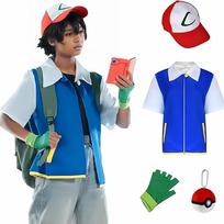 Pokemono Ešo Kečumo Vaikų Cosplay Kostiumų Rinkinys su Kepure, Liemene, Pirštinėmis 4-5 Metai 120cm Gimtadienio Dovana Helovino Vaidmenų Žaidimas Trenerio Apranga 110 cm blue