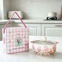 Girly Heart Tulip Ceramic Double-Ear Soup Bowl, Large Capacity, High Temperature Resistant, Ideal for Instant Noodles and Luosifen. gray