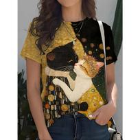 Women's Tee - Klimt-Style Cat Kiss Graphic, Artistic Luxury Design for Casual Daily Wear S brown