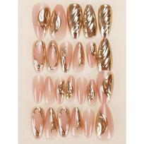 24pcs Medium Almond Shaped Press-On Fake Nails With Gold Trim, Sweet & Chic French Style For Women Casual Wear Nail Supplies beige