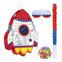 Fun Pinata Activity for Children Unique Design Party Decorations Rocket Ship Space Pinatas with Blindfold Confetti for Kids red
