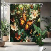 Butterfly Garden Shower Curtain - Vibrant Butterfly & Foliage Design, Washable Polyester, Ideal For Bathtub Or Shower W60H190(CM)-1 Pcs