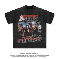 European and American Hip Hop Team Migos American T-shirt Street Hip Hop Fashion Brand Vintage Print To Do Old Wash 4XL black