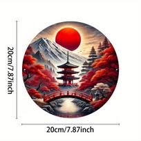 D Flat Japanese Landscape with Mount Fuji Pagoda Red Bridge  Crimson Sun Retro Round Metal Tin Sign  Asian Inspired Wall 20x20cm(8x8inch)