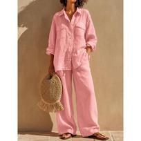 Europe and the United States cross-border independent station popular solid color long-sleeved linen cotton shirt casual pocket wide-leg pants set 2-p S