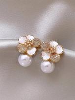 French Light Luxury Micro Set Zircon White Enamel Camellia Pearl Pendant Earrings New Fashion Jewelry Accessories For Women