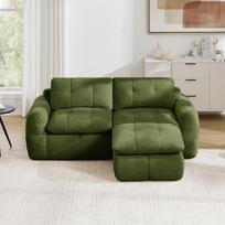 2-Seat L-Shaped Frameless Modular Sofa, Checkered Quilted Design, Chenille Cover, Non-Slip Bottom, Assembly-Free with 1 Ottoman, Green 194 x 160 x 68 cm žalia