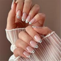 24Pcs Almond Press On Nails Nude Pink Base With Black Polka Dots And White French Tips Reusable False Nail Patches brown