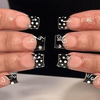 24Pcs Short Square Press On Nails Black French Tip With White Polka Dots Stripes And Rhinestone Decor