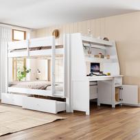 140 x 200 cm Large Bunk Bed With Side, Integrated Storage Cabinet, Moved to the Left or Right, With Desk, Shelf, Drawers and Storage Space, White 236 x 145 x 160 cm balta