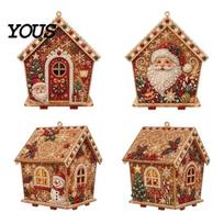 DIY Faux Pearl Bead Craft Set Christmas Art Ornament Kit, Wooden House Snowman Holiday Hanging Decoration Supplies Santa Reindeer Pattern, Handmade A beige