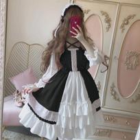 Alisa Stebuklų šalyje Miela Moteriška Lolita OP Suknelė Volanuotas Nėrinių Apvadas Japoniškas Harajuku Ilgomis Rankovėmis Lėlės Paauglių Suknelė Fėjos Vestidos One Size