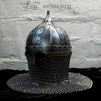 Viduramžių normandų vikingų plieninis šalmas, Gnezdovo tipo, su grandininiu šarvu gray