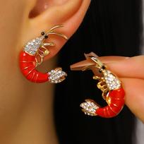Vintage Red Drip Oil Cartoon Lobster Stud Earrings for Women Ladies Ocean Style Zircon Metal Drop Earrings Jewelry Accessories brown