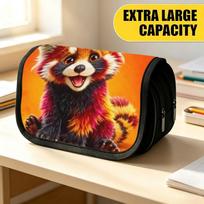 Double Layer Large Pencil Case, Vibrant Printed Pencil Pouch with Orange Red Panda Design, Fashion Storage Bag, Portable Pencil Case with Zipper, Dura 20x9x11cm