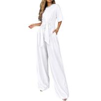 Women's Short Sleeve Loose Wide Leg Pants Set with Belt Casual Outfit M