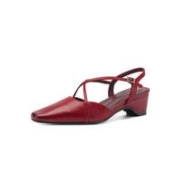 () Genuine leather vintage square-toe cross-strap sandals, new summer vintage low-chunky heel closed-toe straight-toe shoes 34