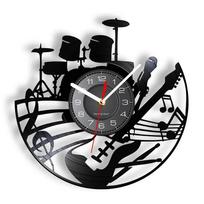 Rock Music Guitar and Drum Kit Wall Clock Guitarist Music Vinyl Record Clock Rock Instrument Guitar Wall Painting Rock Gift gray