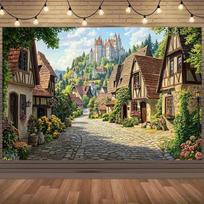 A charming medieval village street backdrop with lush greenery and a distant castle - a fairy tale theme background fabric 47.2x31.5inch/120*80cm white