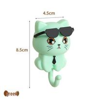 Cartoon Cat Gravity Hook: Adhesive, Hole-Free, Strong Key & Coat Hanger with Fun Design žalia