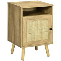 Bedside Table with Rattan Element, Side End Table with Shelf and Cupboard, 39cmx35cmx60cm, Natural 39 x 35 x 60 cm