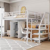 Loft Bed, 140*200cm, Wardrobe, Shelves, Storage Ladder, Desk, without Mattress, White 255 x 145 x 160 cm balta