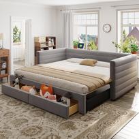 Apmušta lova 3-in-1 ištraukiama sofa-lova 90 x 190 cm, su stalčiais, transformuojama į vienvietę/dvigulę lovą, medvilnė ir linas, pilka (Čiužinys neįtrauktas) 207 x 189 x 74 cm pilka