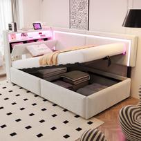 Upholstered Sofa Bed 90x200 cm With LED Lighting and USB Charging Ports. Headboard Opens For Storage. Hydraulic Storage Under Bed, Velvet Fabric Beige 218 x 99 x 87 cm smėlis