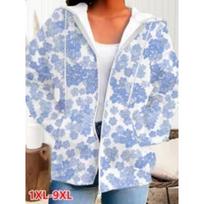 Large size women's fresh blue floral print zipper hooded sweatshirt XL gray