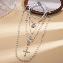 Four-piece diamond-set imitation pearl beaded love cross sweater chain fashion necklace white
