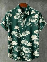 Summer Essential! Lotus Print Short Sleeve Button-Down Shirt, Casual & Versatile S raudona