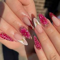 24Pcs Pink Flower Almond Press On Nails Kawaii Fake Nails Stick On Manicure Tips