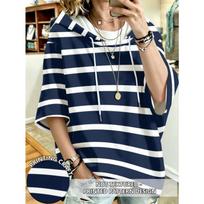 Plus size women's hoodie top sea soul stripe loose shoulder sleeves hoodie classic navy style 0XL gray