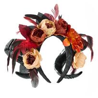 Halloween Dark Rose Floral Sheep Horn Headpiece Elegant Gothic Hairband For Cosplays Concerts And Daily Wear A black