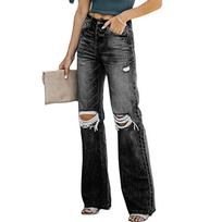 High-waisted Casual Denim Pants with Washed Holes XXL juoda pilka spalva