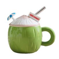 Coffee Cup Ceramic Coconut Shape Coffee Mug with Handle Lid Mini Umbrella Straw High Temperature Resistant Summer Drinkware Size#1pc mėlyna