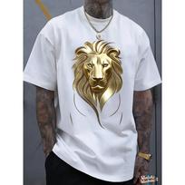 Majestic Lion Graphic T-Shirt (Stylish Gold Print) – Relaxed Fit Short-Sleeve Crew Neck Summer Essential, Casual Comfort | Bold Lion Design T-Shirt 3XL balta