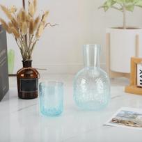 Jug and Glass Set Bedside Water Carafe Crystal Bottle Retro with Relief for Juice Blue gray