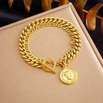 Fashion Vintage Gold Plated Portrait Round Tag Stainless Steel Ot Clasp Bracelet 1pc auksas