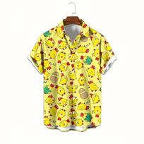 Mens Vibrant Cartoon Chicken Geometric Pattern Short Sleeve Lapel Shirt L