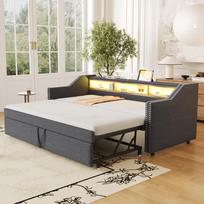 Apmuštas lovos ištraukiamasis miegamasis sofa 90/180 x 190 cm, daugiafunkcinė daiktadėžė, LED apšvietimas ir USB lizdas, su groteliniu rėmu, tamsiai pilka 203.5 x 102 x 74 cm tamsiai pilka spalva