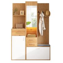 Compact Shoe Cabinet with Wardrobe, Mirror and Bench, LED Lighting with App Control, Hallway Wardrobe with Drawers and Flip-Down Shoe Compartment 120 x 32 x 178 cm