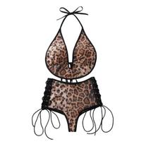 Women's Sexy Leopard Print Lingerie Set Three-Piece Halter Strappy Push-Up Underwear Set for Daily Wear & Beach S black